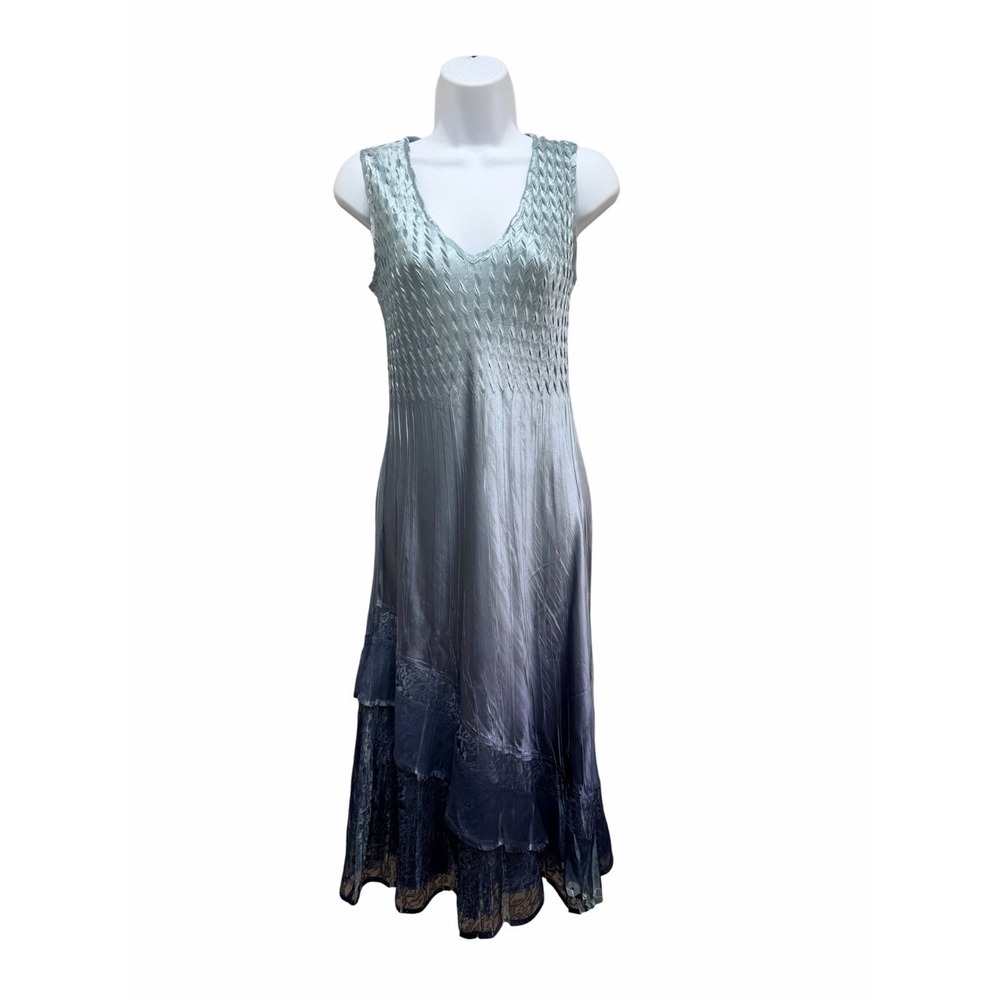 Komarov Blue Ombré Charmeuse & Chiffon V-Neck Sleeveless Cocktail Dress Size S